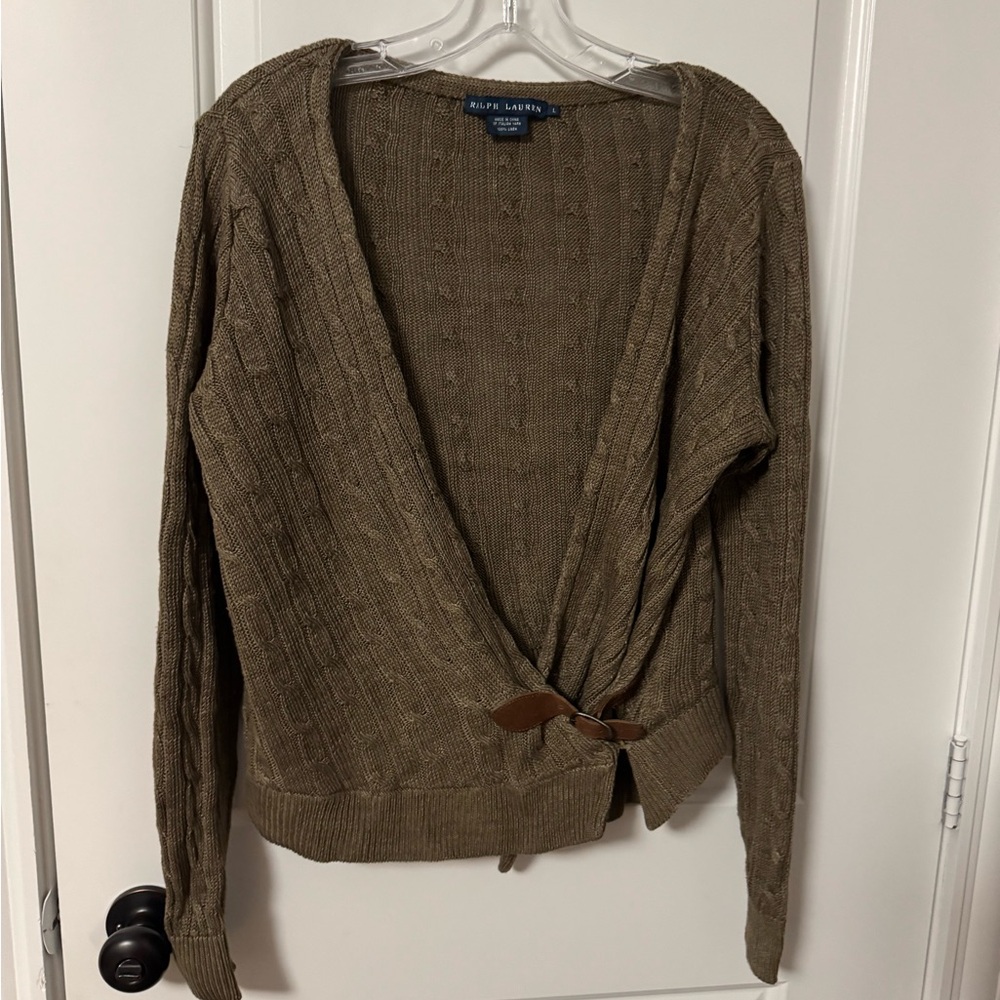 Ralph Lauren olive green cable Knit Cardigan linen